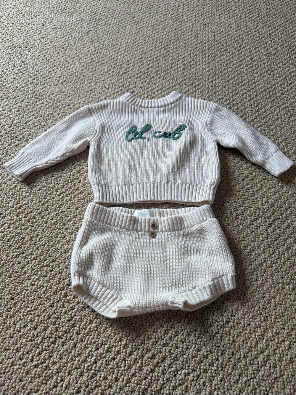cloud island Cream Knit Sweater & Bloomer Set with Green Script “lil cub”